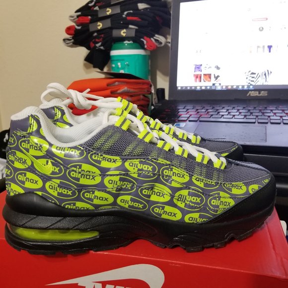 Nike Air Max 95 SE GS Boys Kids Logos Grey Volt Neon 6 922173-004 Black Sneaker - Picture 5 of 10